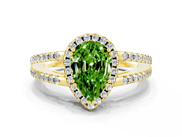 Yellow gold Pear Cut Peridot Halo Split Shank Engagement Ring