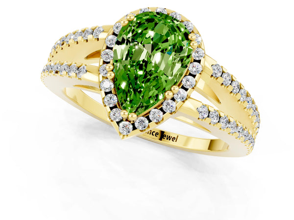 Yellow gold Pear Cut Peridot Halo Split Shank Engagement Ring