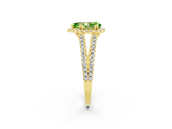 Yellow gold Pear Cut Peridot Halo Split Shank Engagement Ring