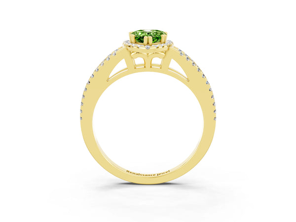 Yellow gold Pear Cut Peridot Halo Split Shank Engagement Ring