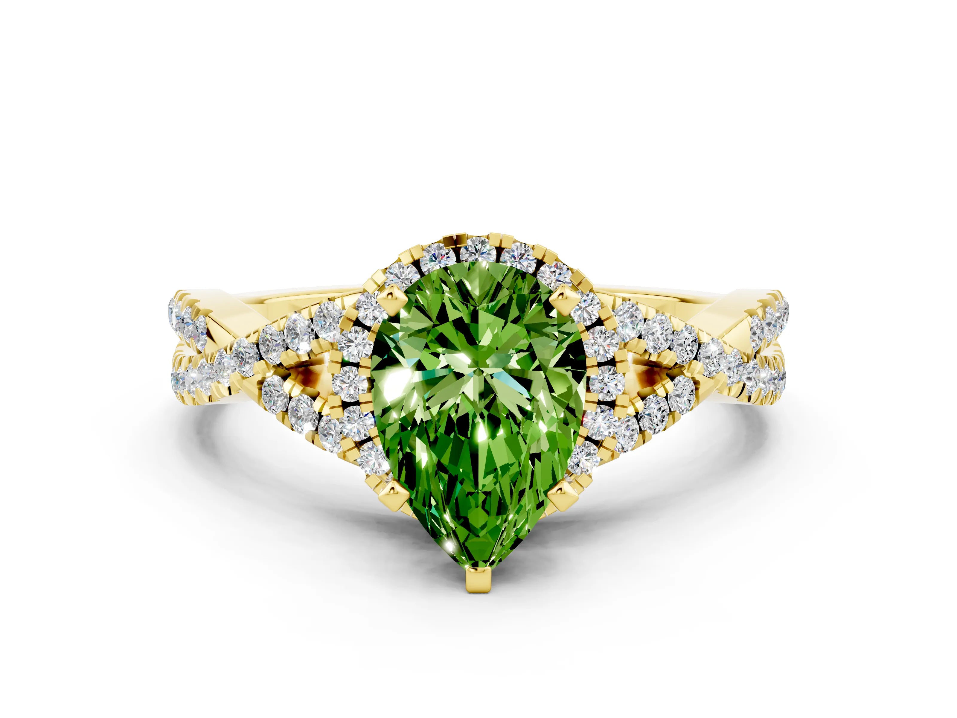 Yellow gold Pear Cut Peridot Halo Twist Band Solitaire Prong Setting Ring