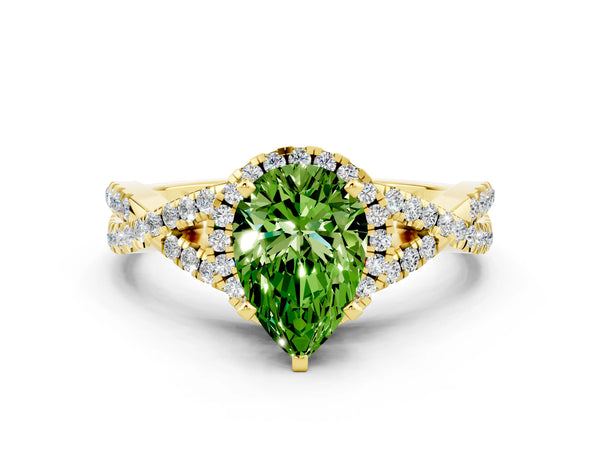 Yellow gold Pear Cut Peridot  Halo Twist Band Solitaire Prong Setting Ring