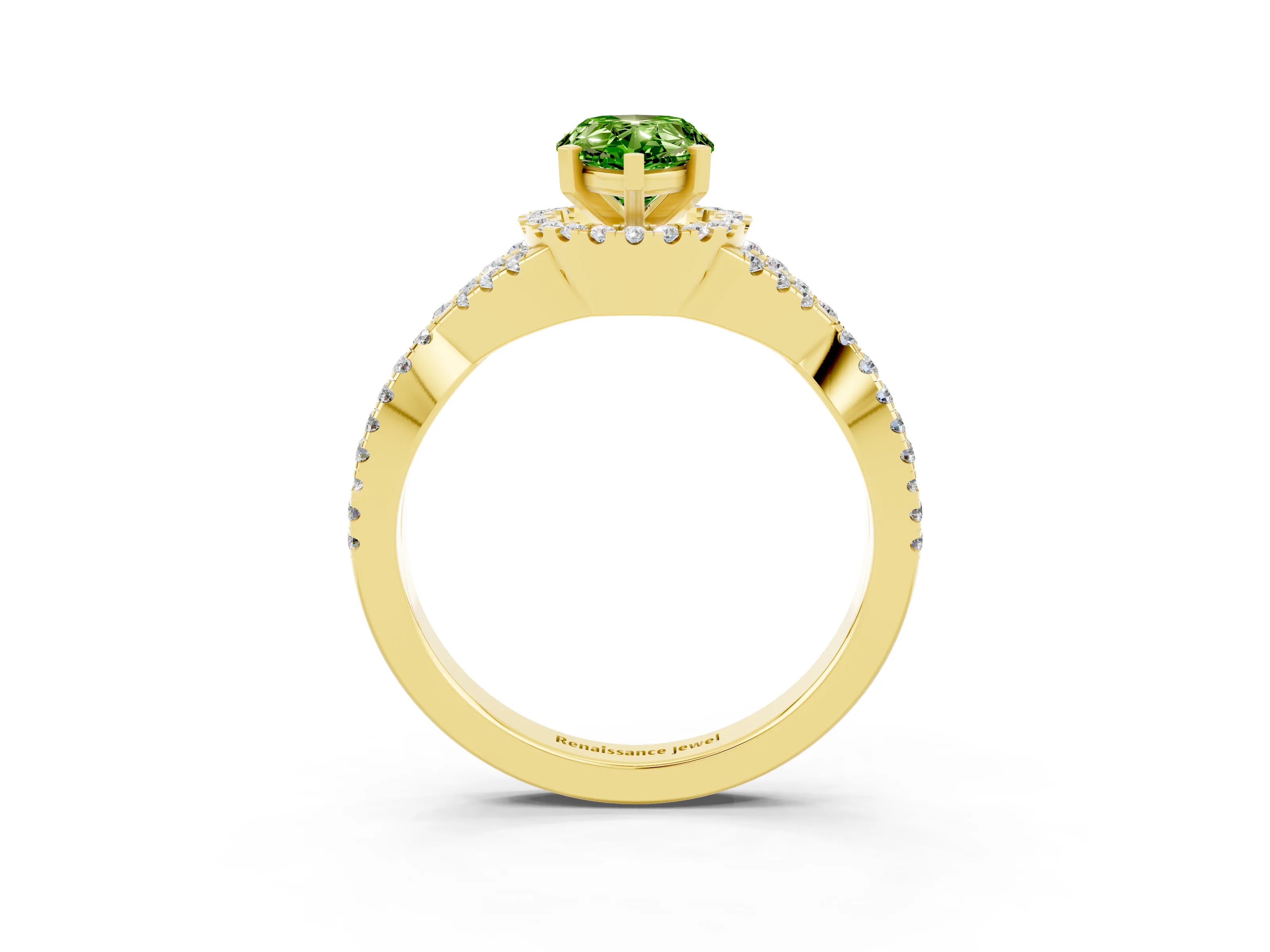 Yellow gold Pear Cut Peridot Halo Twist Band Solitaire Prong Setting Ring_3