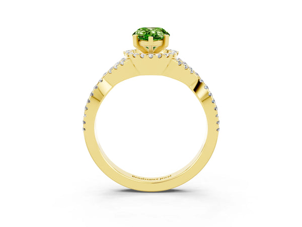 Yellow gold Pear Cut Peridot  Halo Twist Band Solitaire Prong Setting Ring