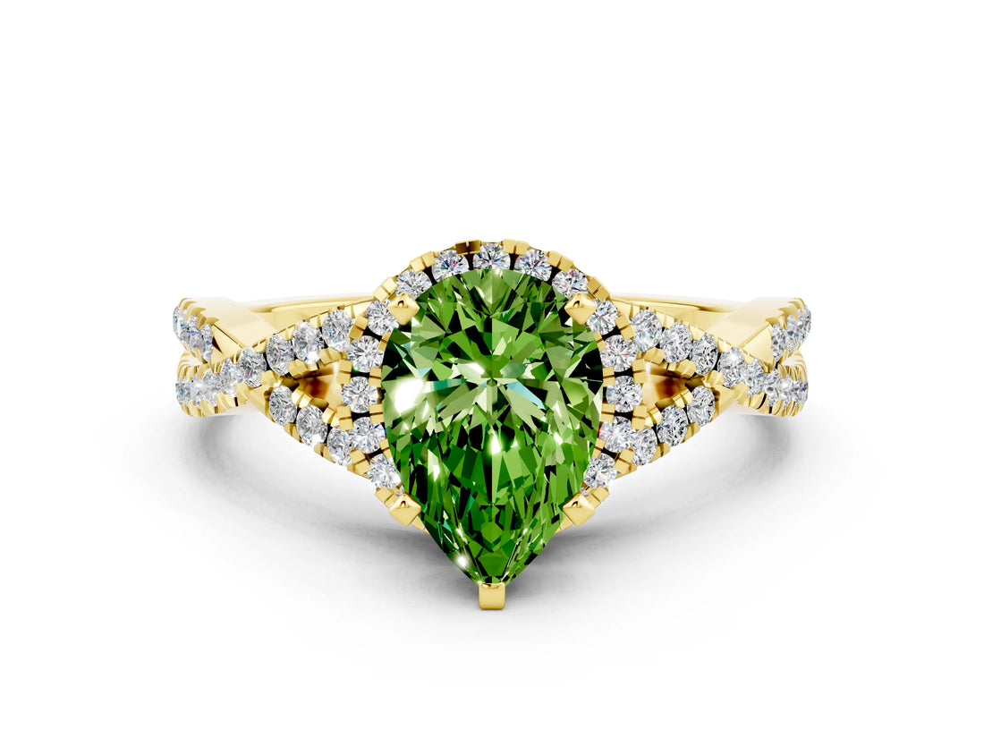 Yellow gold Pear Cut Peridot  Halo Twist Band Solitaire Prong Setting Ring_42