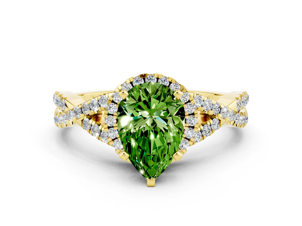 Yellow gold Pear Cut Peridot  Halo Twist Band Solitaire Prong Setting Ring