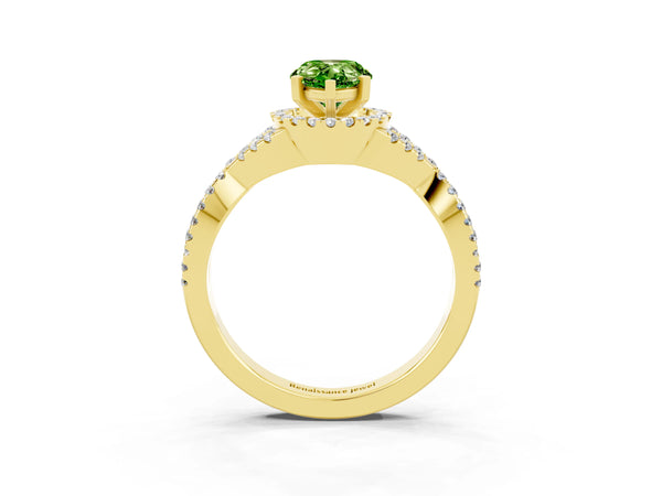 Yellow gold Pear Cut Peridot  Halo Twist Band Solitaire Prong Setting Ring