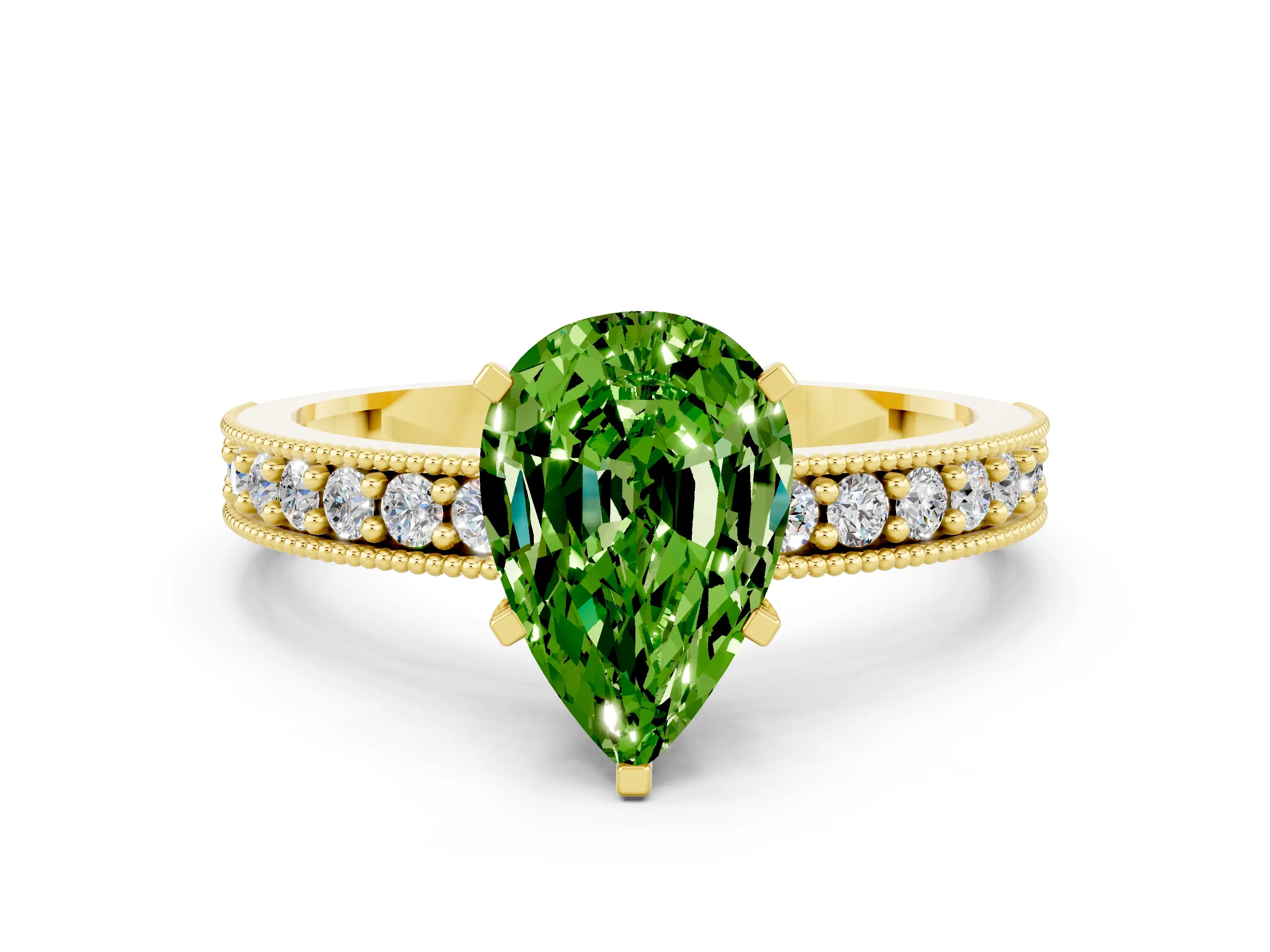 Yellow gold Pear Cut Peridot Milgrain Pavé Engagement Ring with Four-Prong Setting