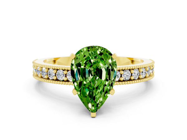 Yellow gold Pear Cut Peridot Milgrain Pavé Engagement Ring with Four-Prong Setting