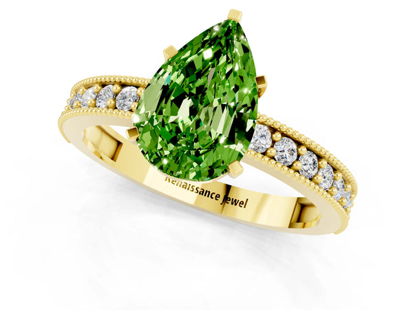 Yellow gold Pear Cut Peridot Milgrain Pavé Engagement Ring with Four-Prong Setting