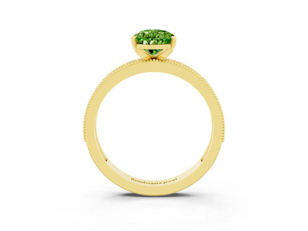 Yellow gold Pear Cut Peridot Milgrain Pavé Engagement Ring with Four-Prong Setting