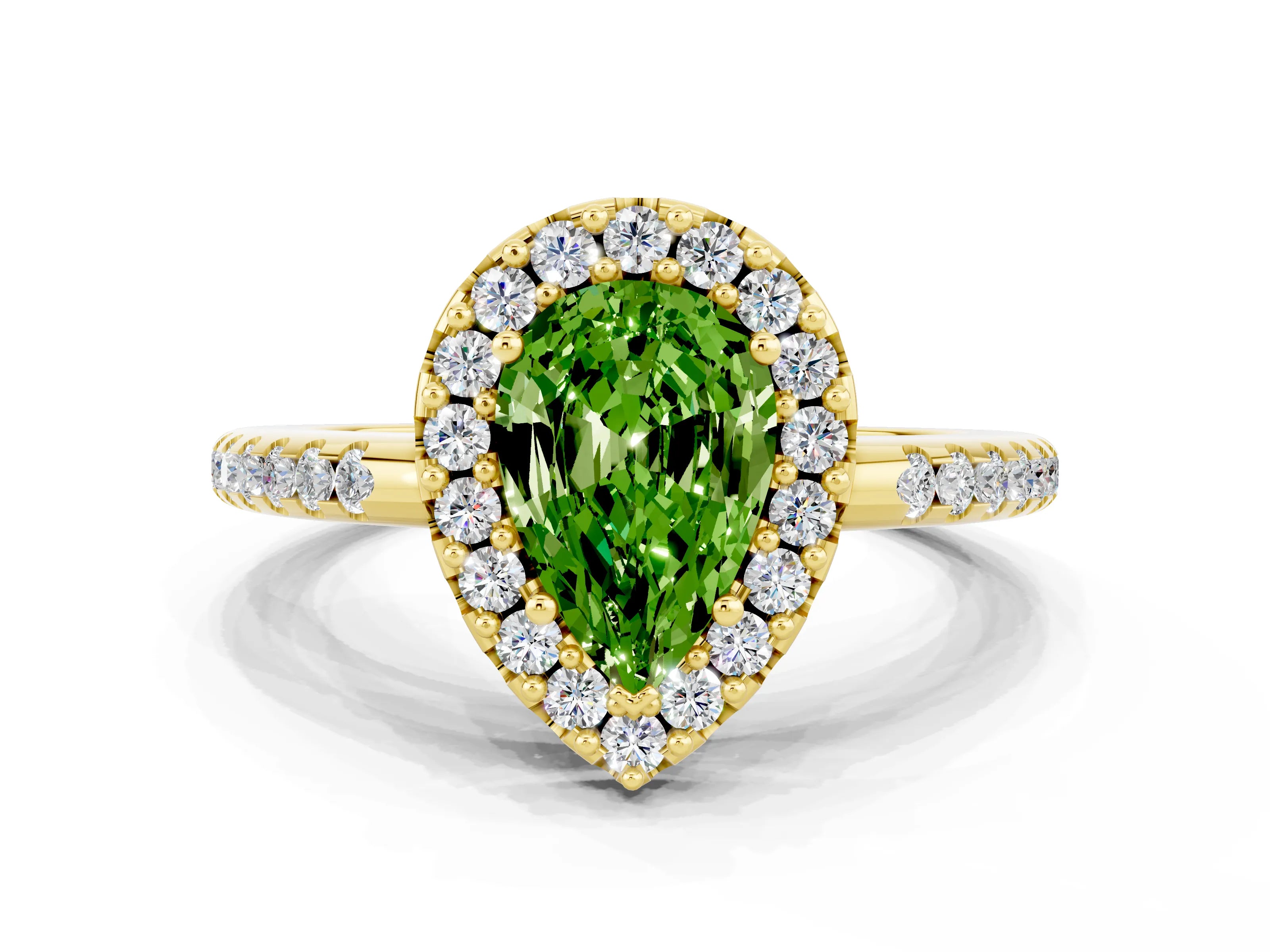 Yellow gold Pear Cut Peridot Pavé Halo Ring with Four-Prong Setting_12