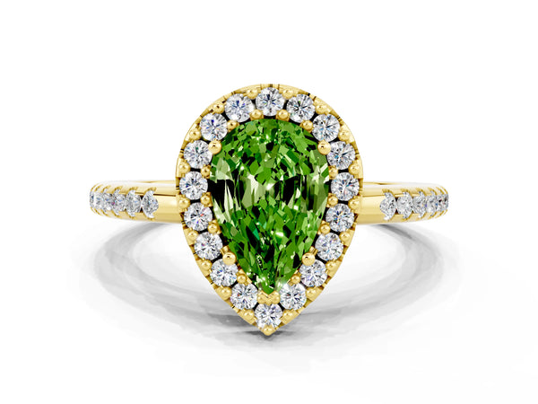 Yellow gold Pear Cut Peridot Pavé Halo Ring with Four-Prong Setting