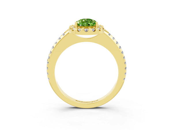 Yellow gold Pear Cut Peridot Pavé Halo Ring with Four-Prong Setting