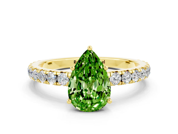 Yellow gold Pear Cut Peridot Pavé Solitaire Engagement Ring with Four-Prong Setting
