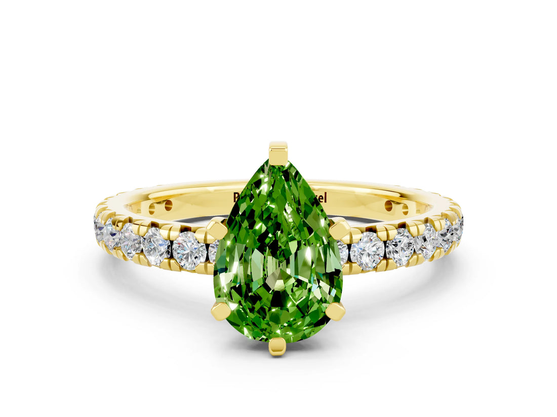 Yellow gold Pear Cut Peridot Pavé Solitaire Ring with Round Band and Prong Setting_24