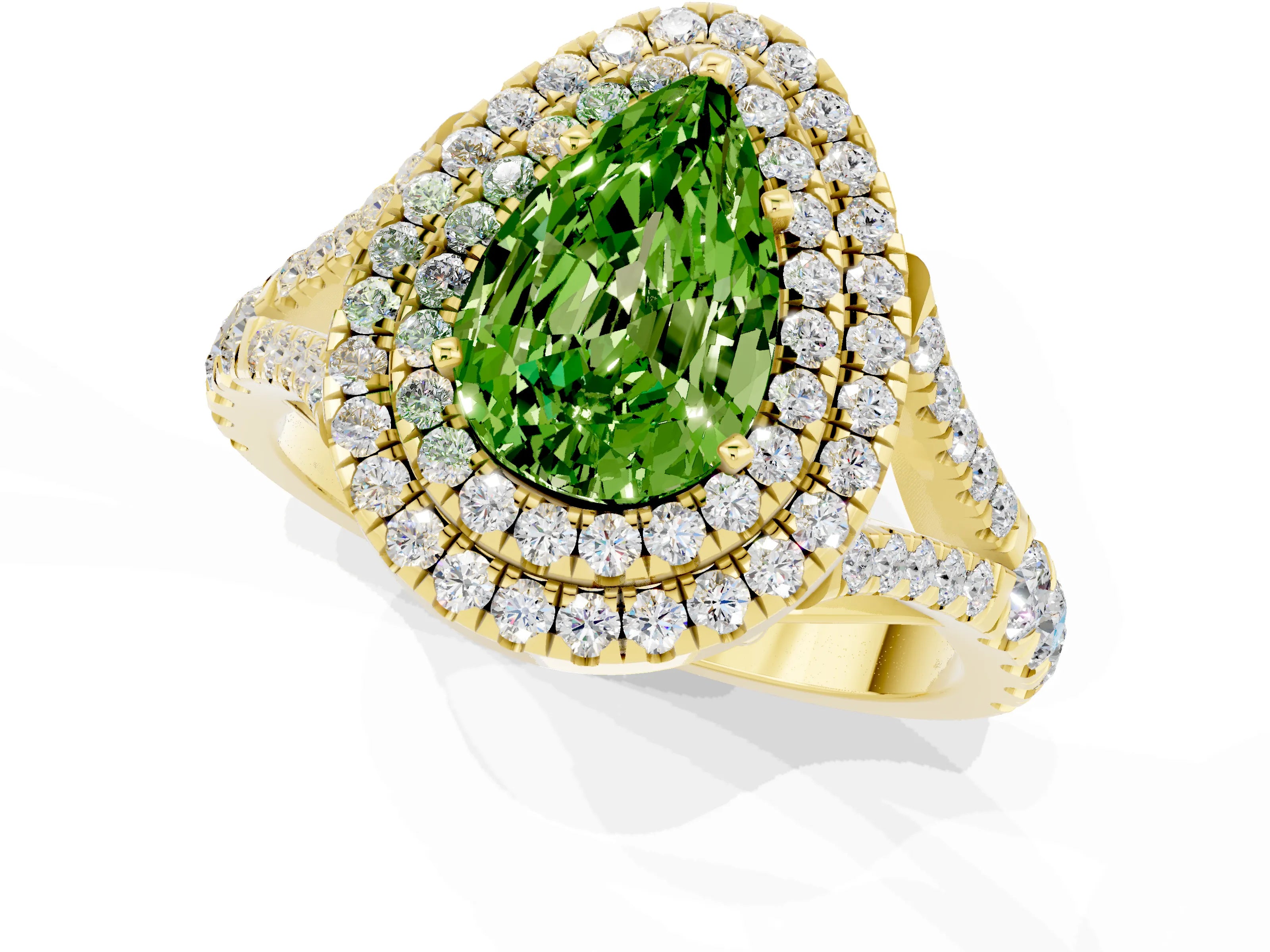 Yellow gold Pear Cut Peridot Pavé Split Shank Double Halo Engagement Ring_1