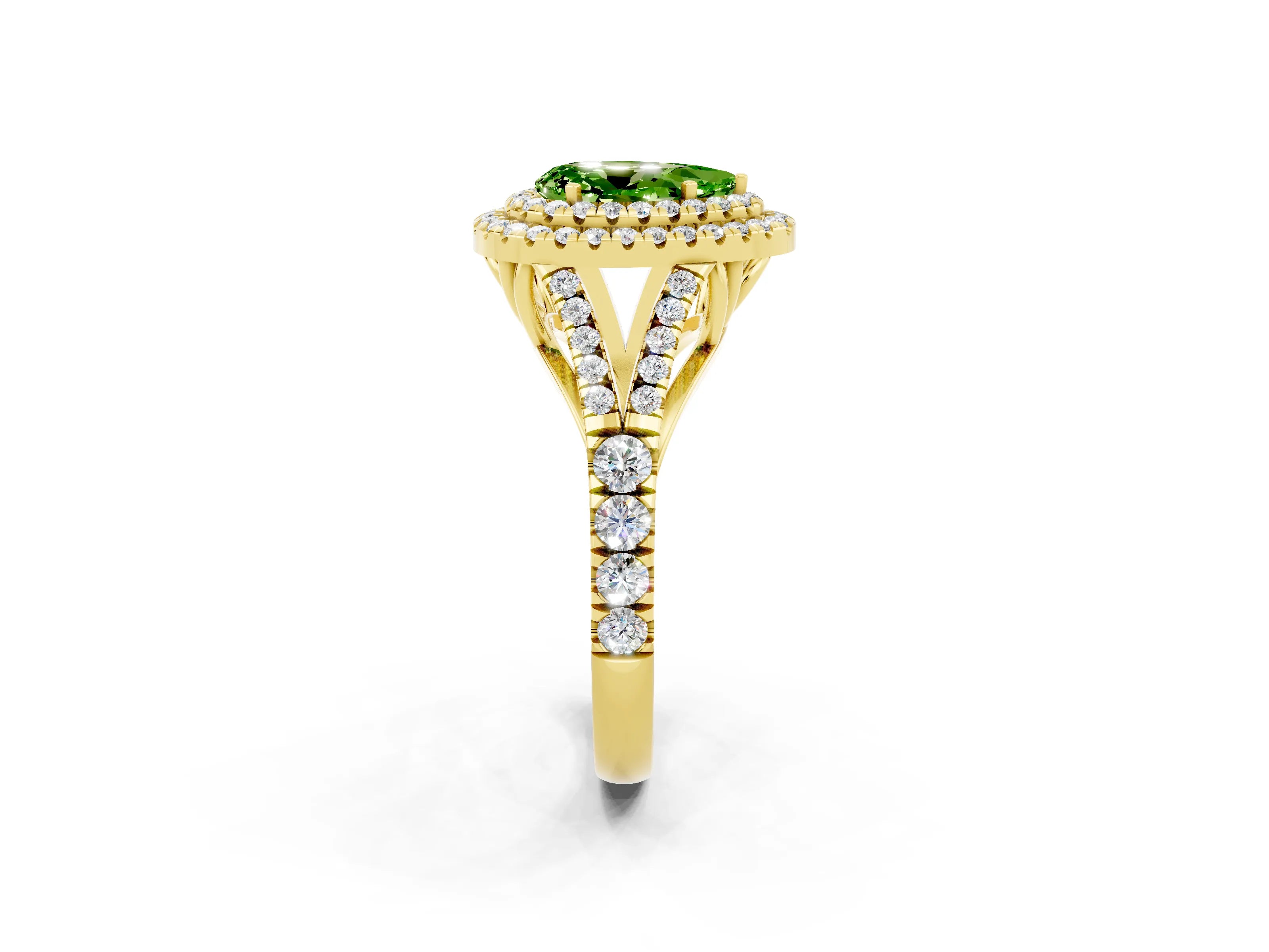 Yellow gold Pear Cut Peridot Pavé Split Shank Double Halo Engagement Ring_2