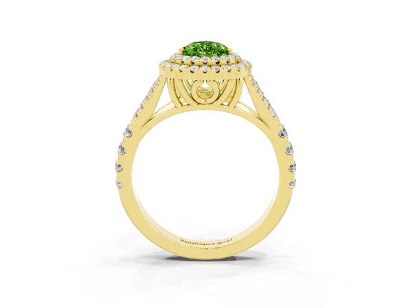 Yellow gold Pear Cut Peridot Pavé Split Shank Double Halo Engagement Ring