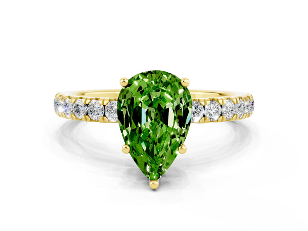 Yellow gold Pear Cut Peridot Pave Band Solitaire Ring with Round  and Prong Setting