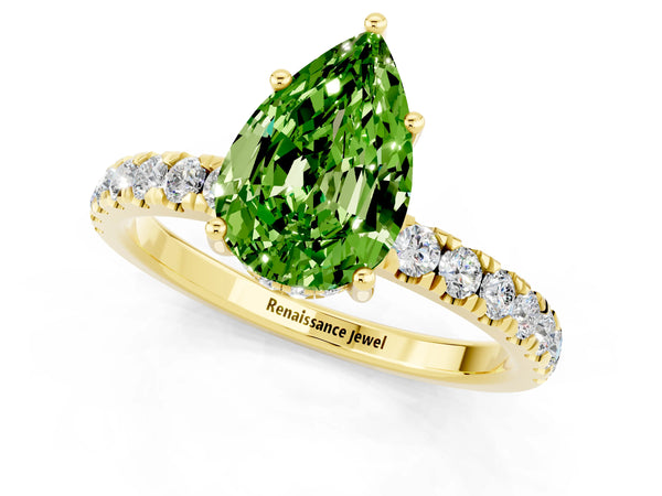 Yellow gold Pear Cut Peridot Pave Band Solitaire Ring with Round  and Prong Setting