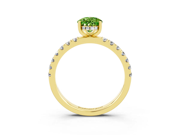 Yellow gold Pear Cut Peridot Pave Band Solitaire Ring with Round  and Prong Setting