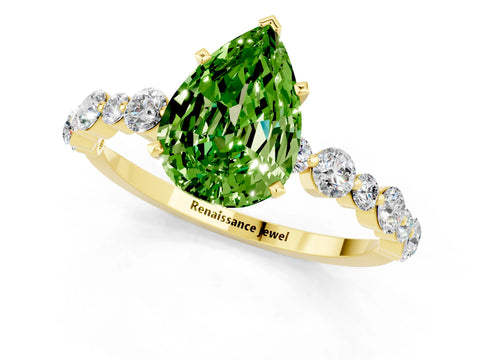 Yellow gold Pear Cut Peridot Prong Set Engagement Ring with Pavé Band_1