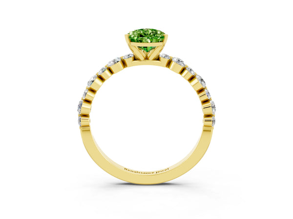 Yellow gold Pear Cut Peridot Prong Set Engagement Ring with Pavé Band