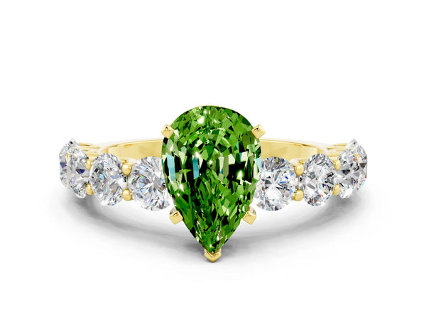 Yellow gold Pear Cut Peridot Prong Setting with Side Stones on a Pave Band