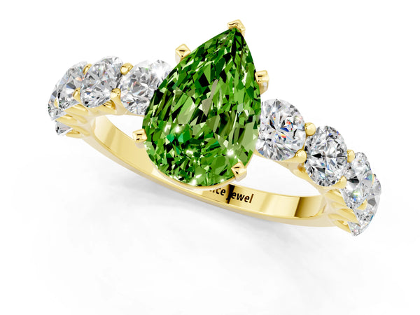 Yellow gold Pear Cut Peridot Prong Setting with Side Stones on a Pave Band