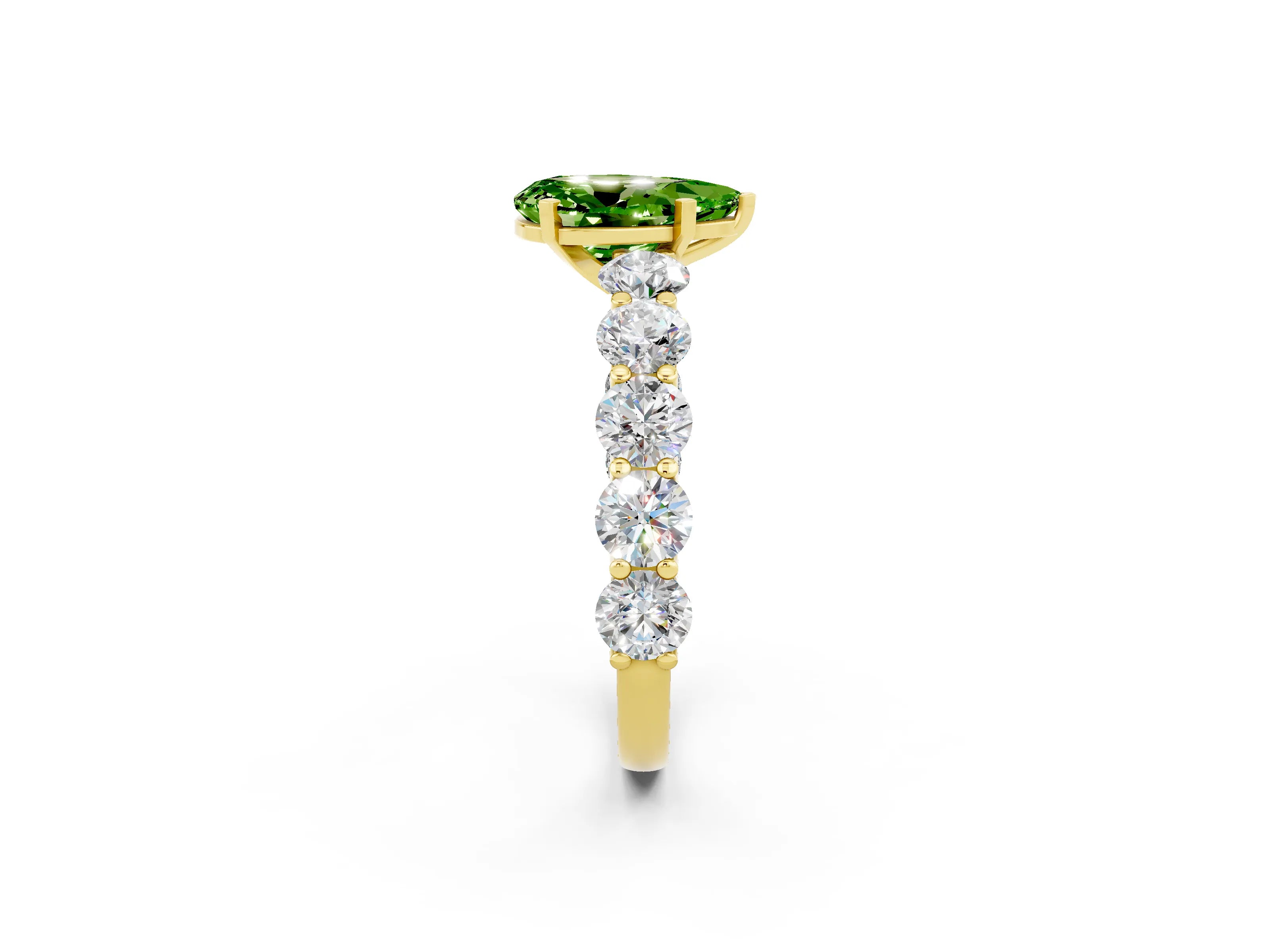 Yellow gold Pear Cut Peridot Prong Setting with Side Stones on a Pave Band_2