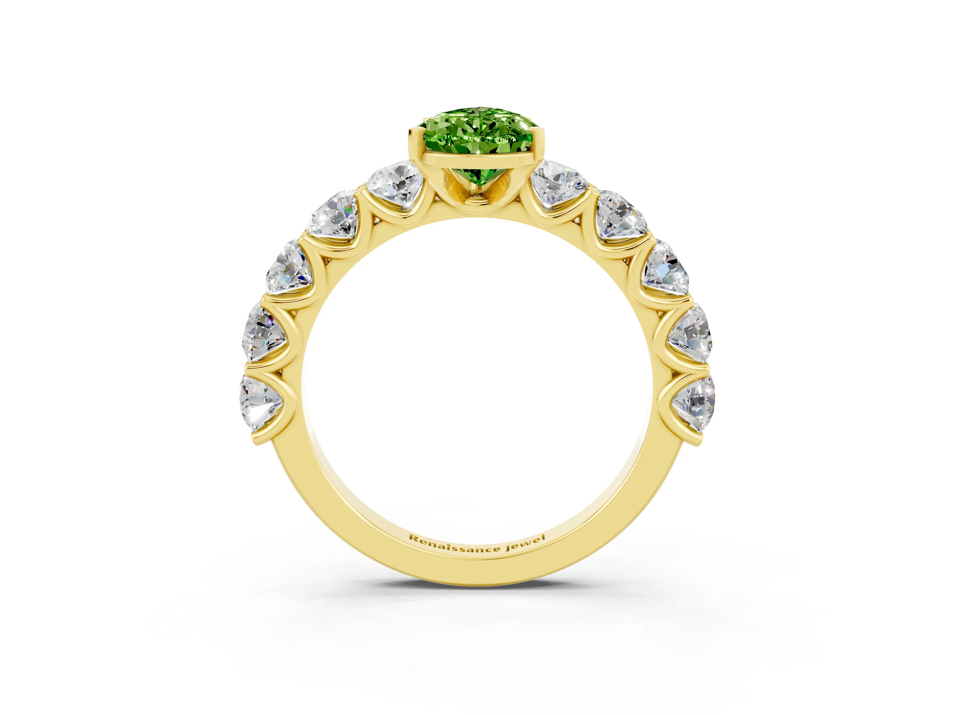 Yellow gold Pear Cut Peridot Prong Setting with Side Stones on a Pave Band_3