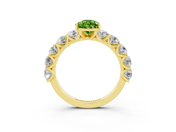 Yellow gold Pear Cut Peridot Prong Setting with Side Stones on a Pave Band