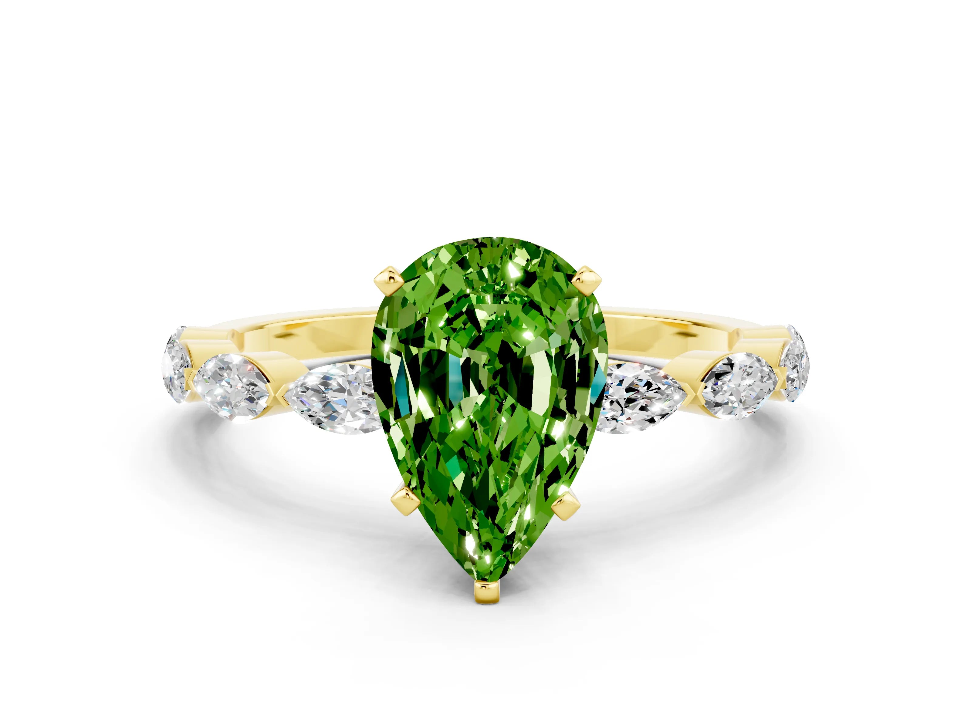 Yellow gold Pear Cut Peridot Ring with Marquise Side Stones and Prong Setting