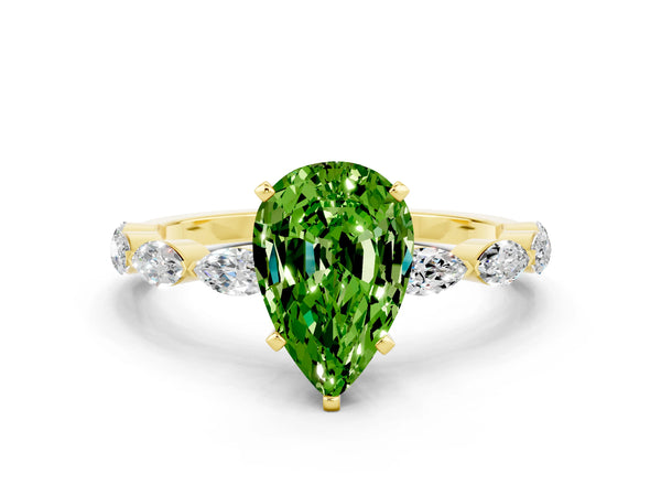 Yellow gold Pear Cut Peridot Ring with Marquise Side Stones and Prong Setting