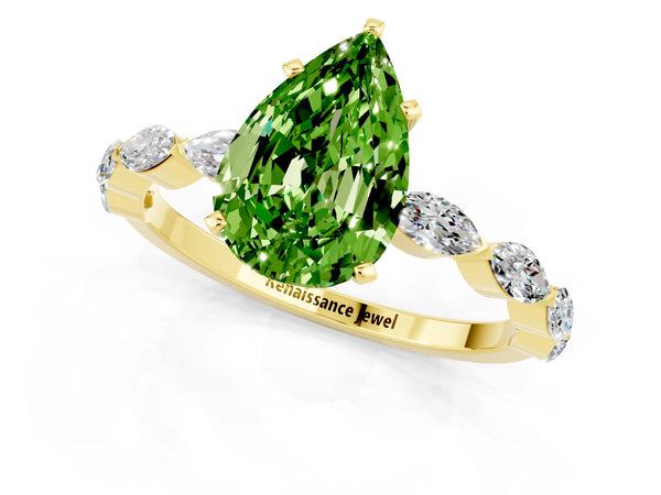 Yellow gold Pear Cut Peridot Ring with Marquise Side Stones and Prong Setting