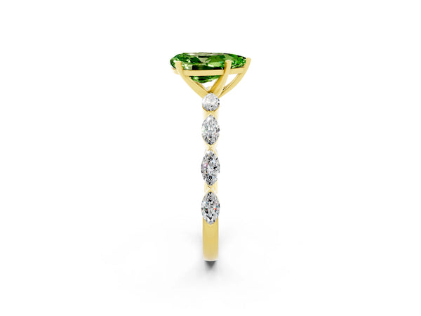 Yellow gold Pear Cut Peridot Ring with Marquise Side Stones and Prong Setting