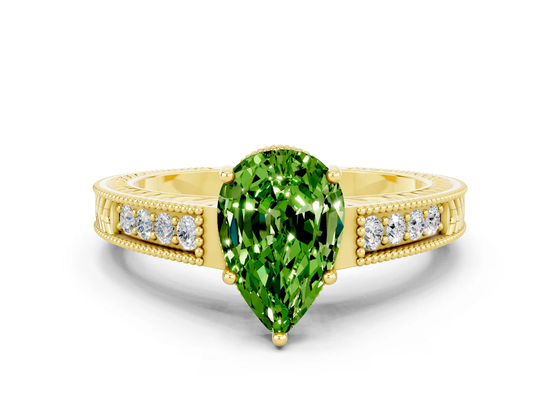 Yellow gold Pear Cut Peridot Ring with Milgrain Pavé Band and Four-Prong Setting_12