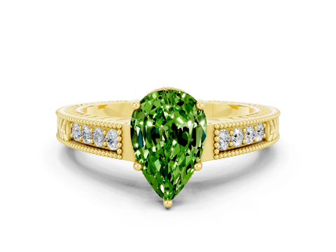 Yellow gold Pear Cut Peridot Ring with Milgrain Pavé Band and Four-Prong Setting_12