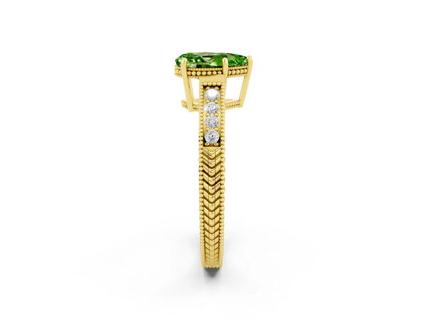 Yellow gold Pear Cut Peridot Ring with Milgrain Pavé Band and Four-Prong Setting
