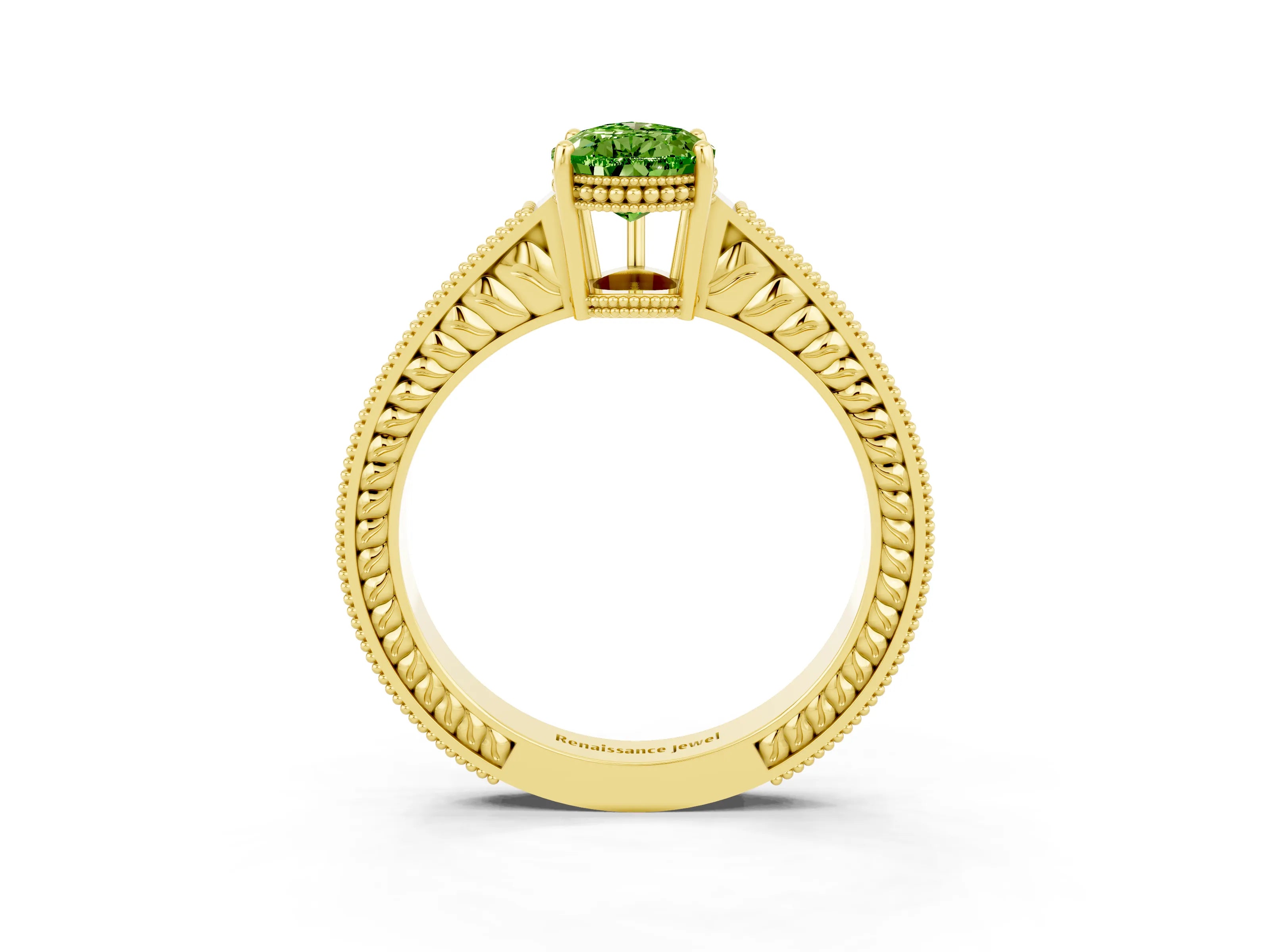 Yellow gold Pear Cut Peridot Ring with Milgrain Pavé Band and Four-Prong Setting_15
