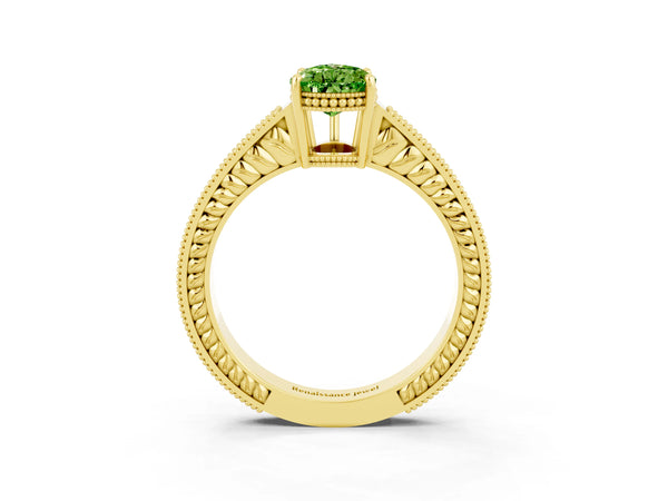 Yellow gold Pear Cut Peridot Ring with Milgrain Pavé Band and Four-Prong Setting