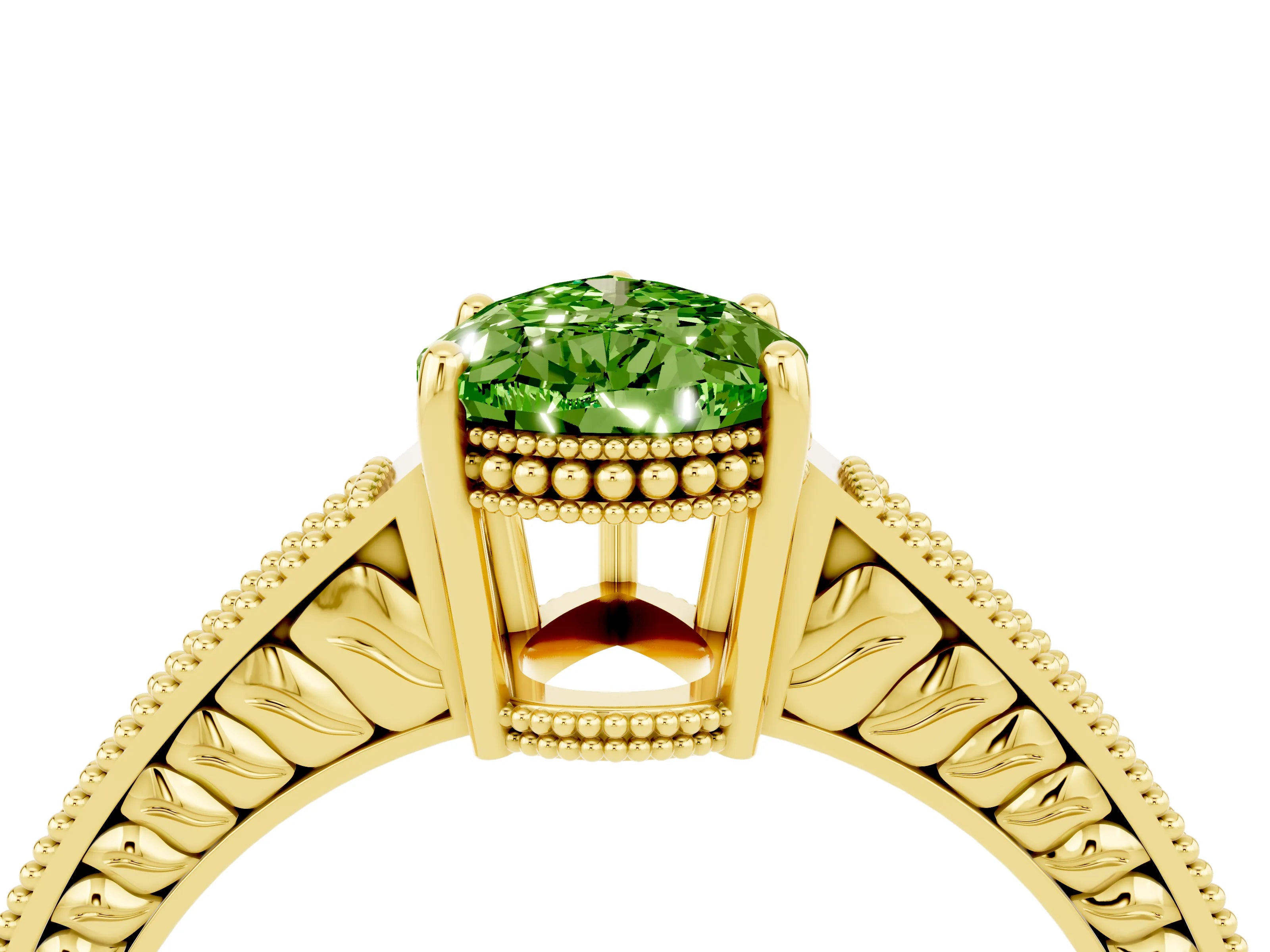Yellow gold Pear Cut Peridot Ring with Milgrain Pavé Band and Four-Prong Setting_16