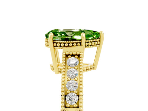 Yellow gold Pear Cut Peridot Ring with Milgrain Pavé Band and Four-Prong Setting_17
