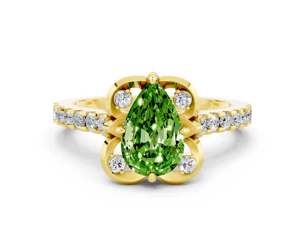 Yellow gold Pear Cut Peridot Ring with Pavé Band and Floral Prong Setting