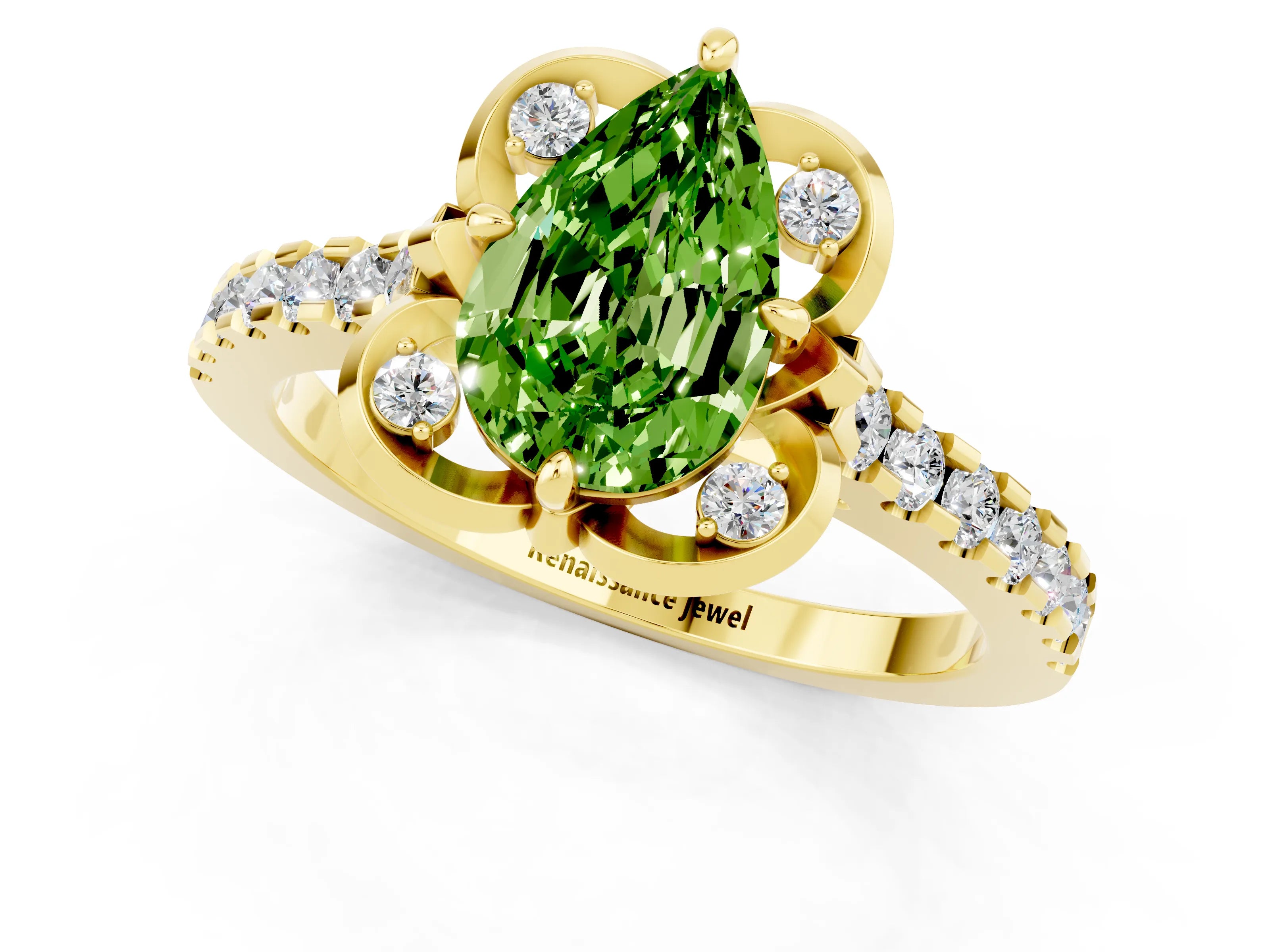 Yellow gold Pear Cut Peridot Ring with Pavé Band and Floral Prong Setting_1