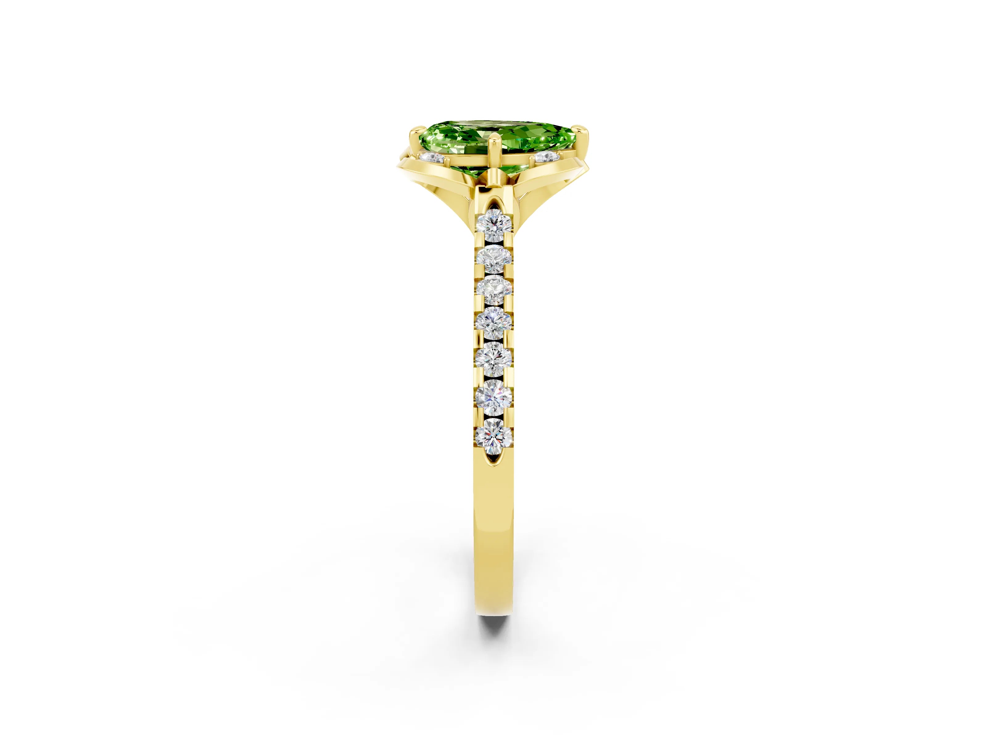 Yellow gold Pear Cut Peridot Ring with Pavé Band and Floral Prong Setting_2