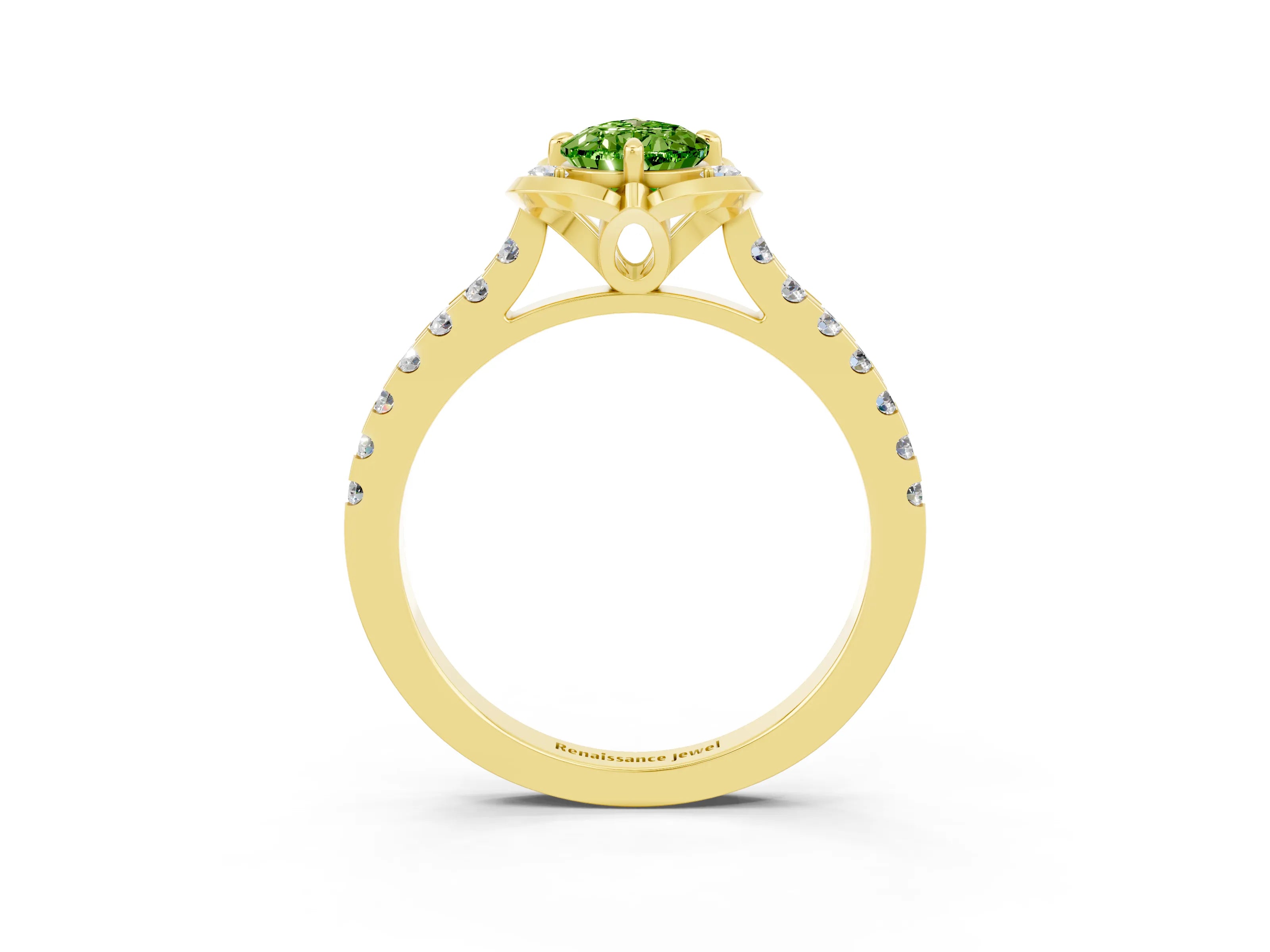 Yellow gold Pear Cut Peridot Ring with Pavé Band and Floral Prong Setting_3