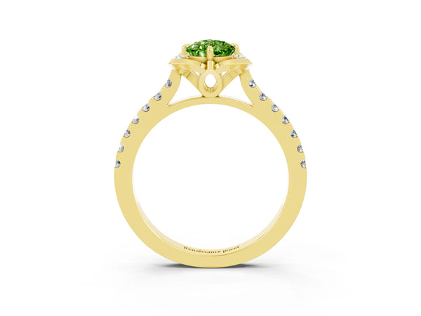 Yellow gold Pear Cut Peridot Ring with Pavé Band and Floral Prong Setting