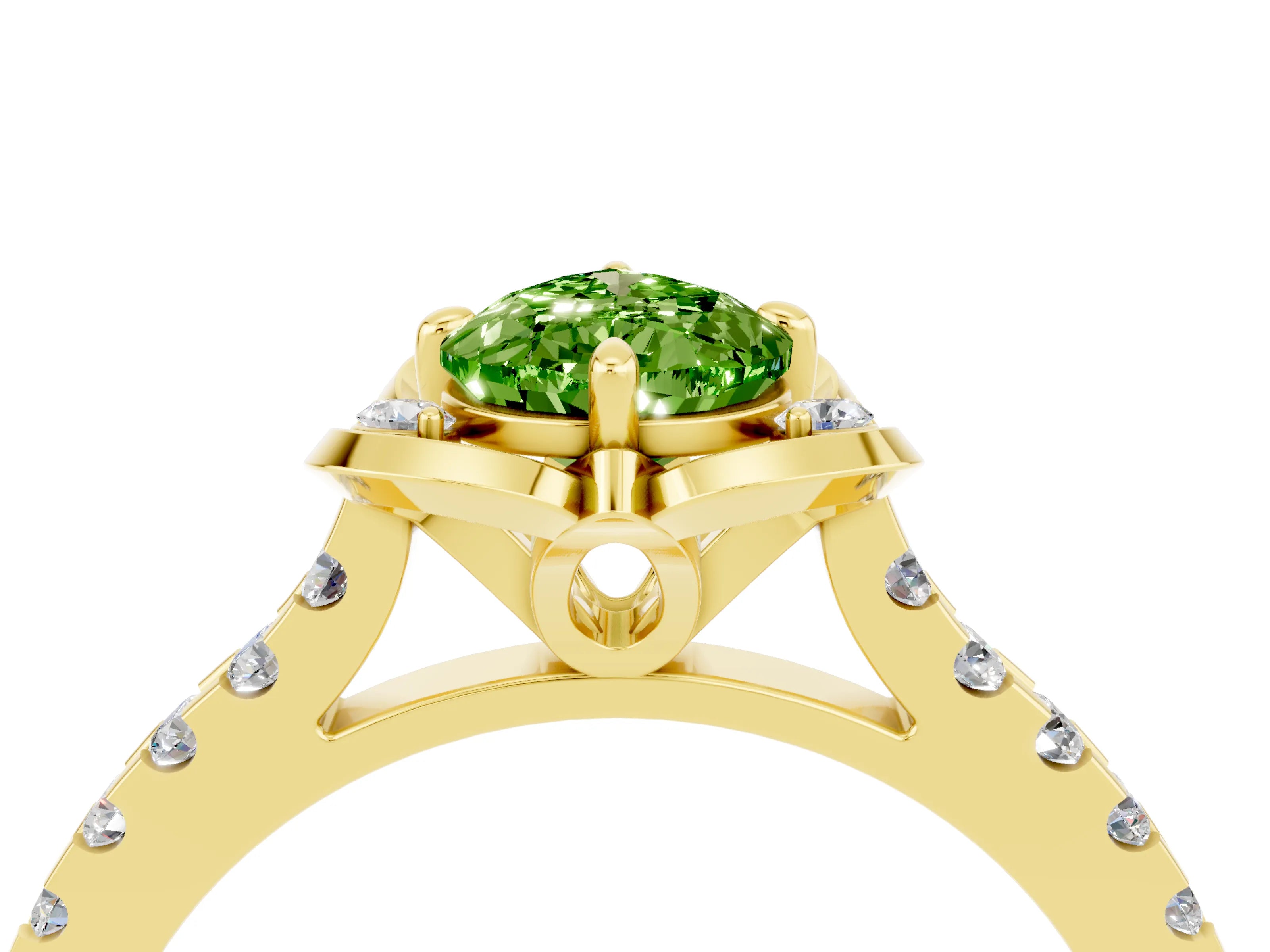 Yellow gold Pear Cut Peridot Ring with Pavé Band and Floral Prong Setting_4